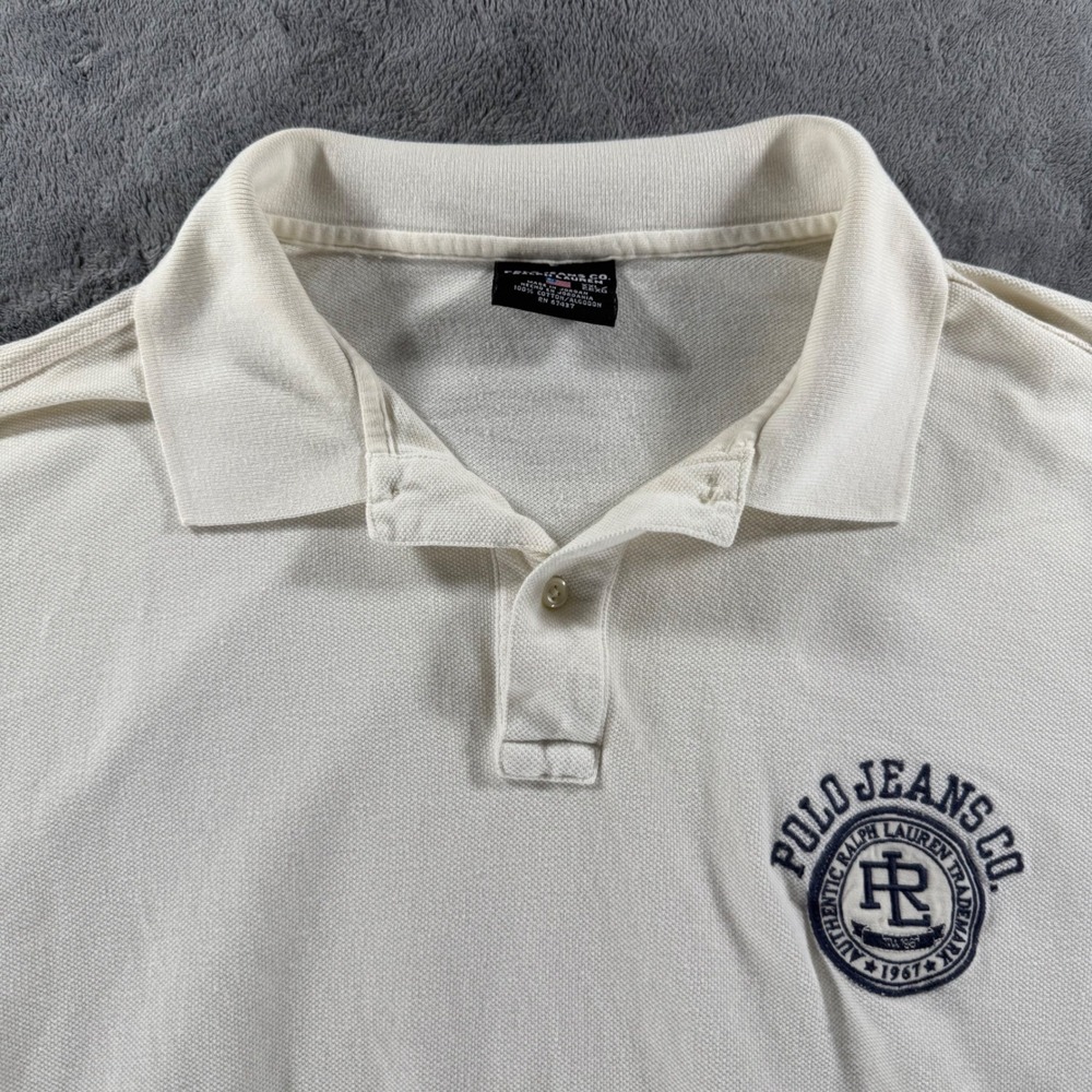 VTG Polo Jeans Co Ralph Lauren Polo Shirt XXL Cream White Logo Athletic Crest